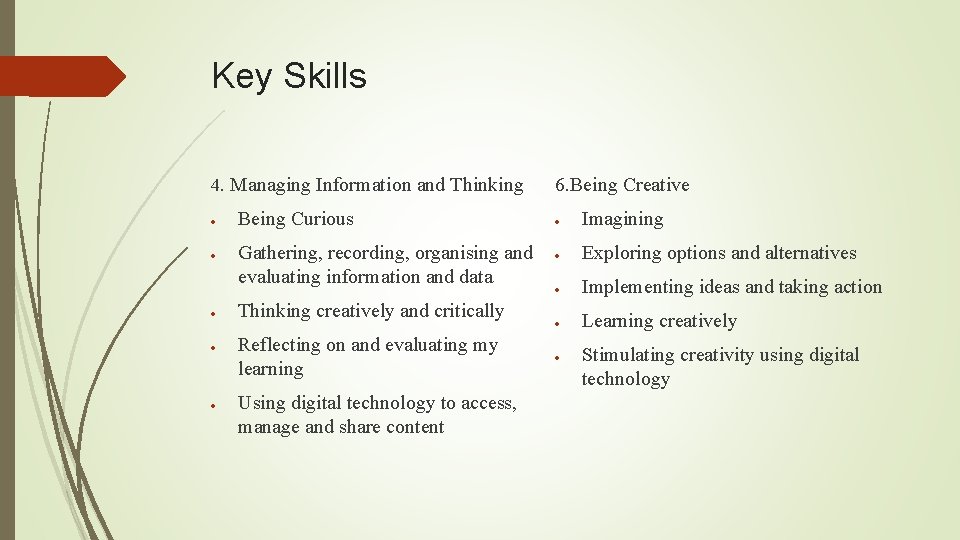 Key Skills 4. Managing Information and Thinking Being Curious Gathering, recording, organising and evaluating