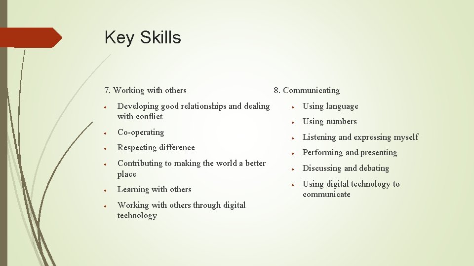 Key Skills 7. Working with others Developing good relationships and dealing with conflict Co-operating