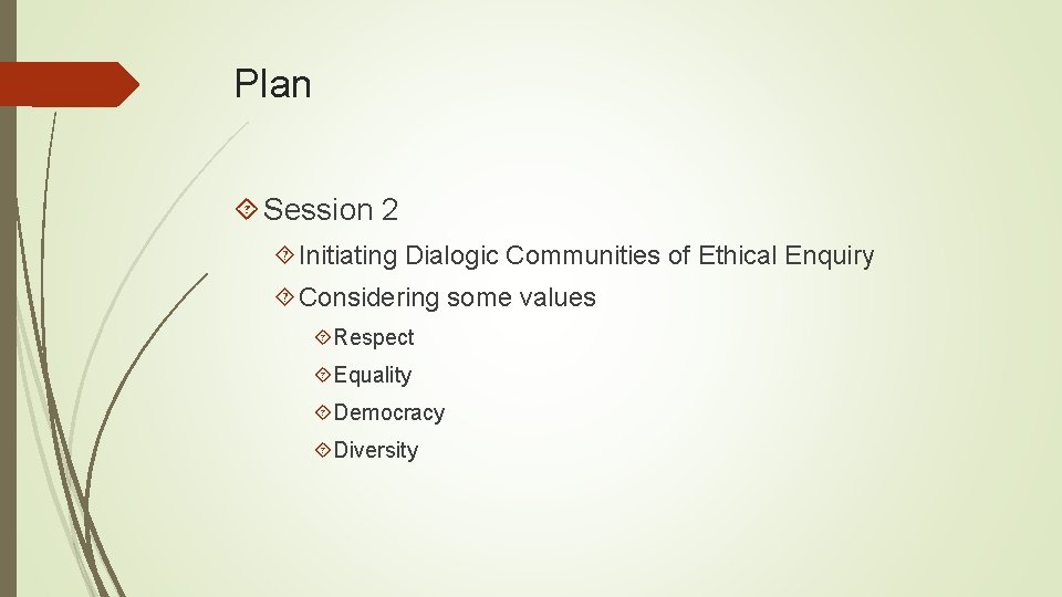 Plan Session 2 Initiating Dialogic Communities of Ethical Enquiry Considering some values Respect Equality