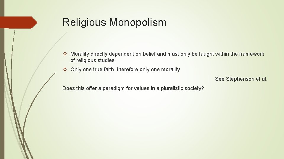 Religious Monopolism Morality directly dependent on belief and must only be taught within the