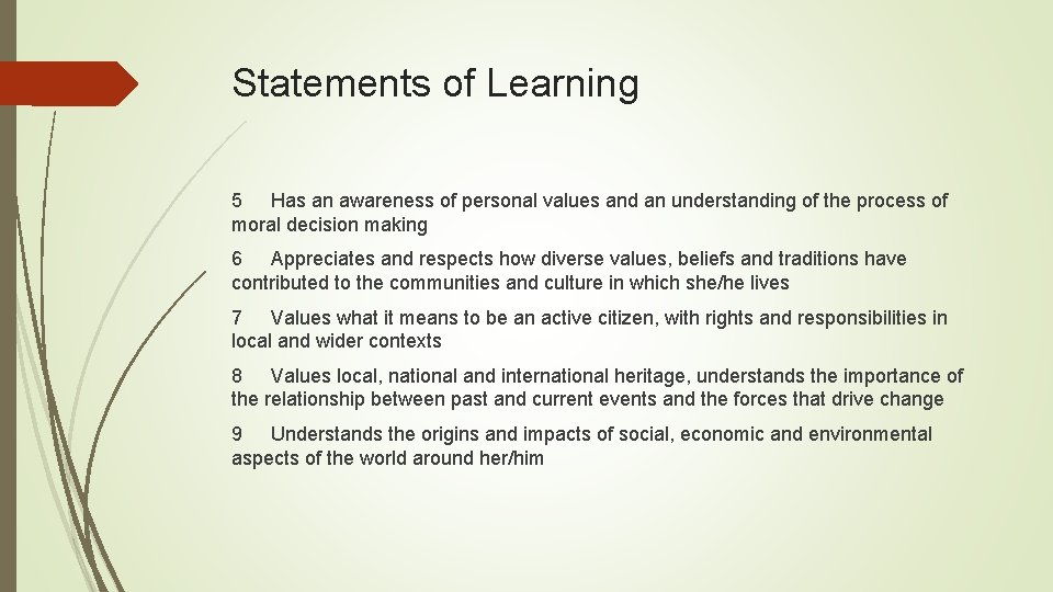 Statements of Learning 5 Has an awareness of personal values and an understanding of