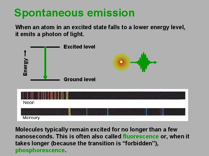 Spontaneous emission When an atom in an excited state falls to a lower energy