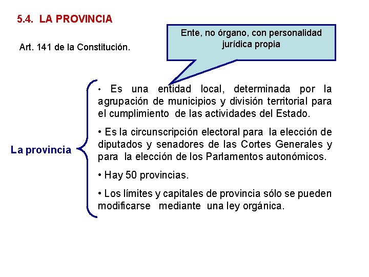 5. 4. LA PROVINCIA Art. 141 de la Constitución. Ente, no órgano, con personalidad 5. 4. LA PROVINCIA Art. 141 de la Constitución. Ente, no órgano, con personalidad