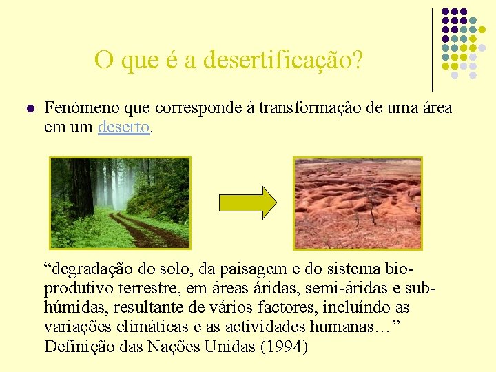 O que é a desertificação? l Fenómeno que corresponde à transformação de uma área