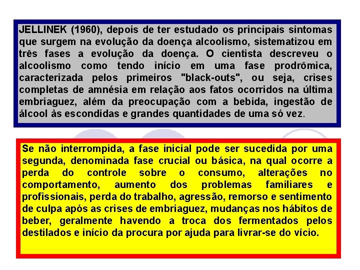 JELLINEK (1960), depois de ter estudado os principais sintomas que surgem na evolução da