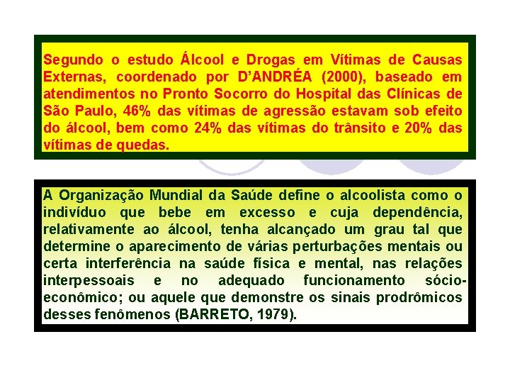 Segundo o estudo Álcool e Drogas em Vítimas de Causas Externas, coordenado por D’ANDRÉA