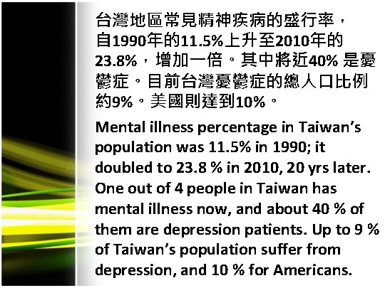 台灣地區常見精神疾病的盛行率， 自 1990年的11. 5%上升至 2010年的 23. 8%，增加一倍。其中將近 40% 是憂 鬱症。目前台灣憂鬱症的總人口比例 約9%。美國則達到 10%。 Mental illness