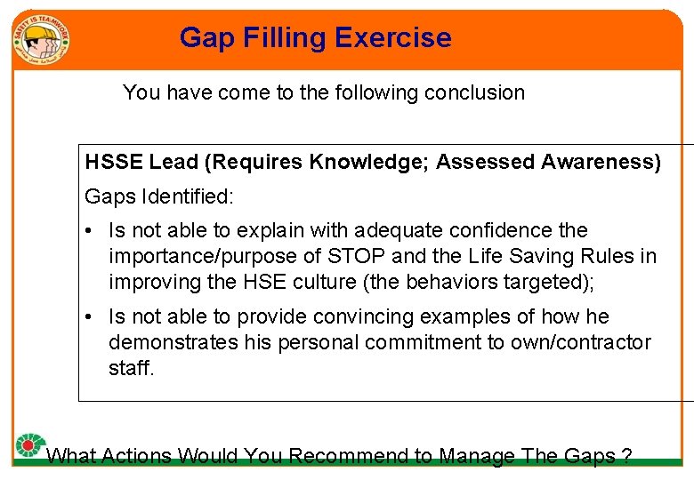 Gap Filling Exercise You have come to the following conclusion HSSE Lead (Requires Knowledge;