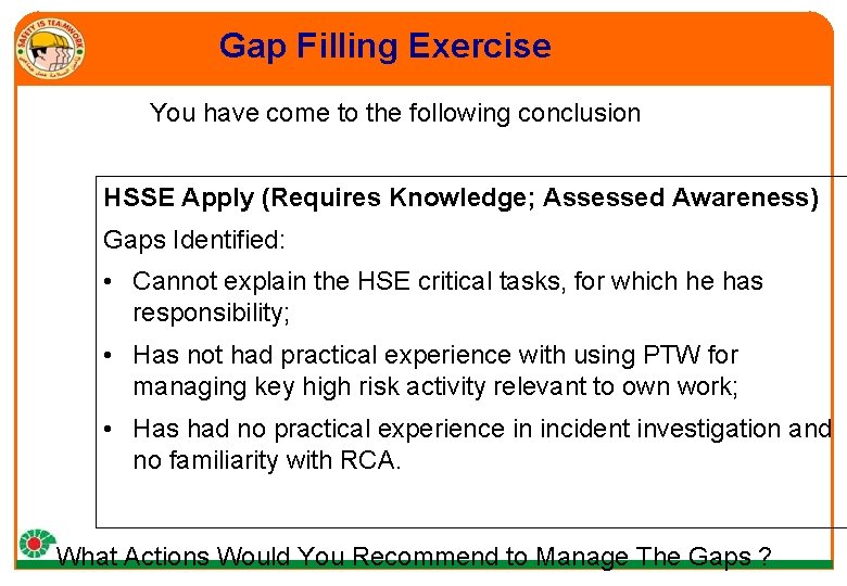 Gap Filling Exercise You have come to the following conclusion HSSE Apply (Requires Knowledge;
