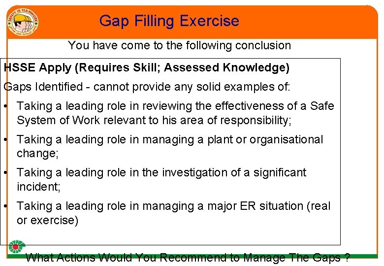 Gap Filling Exercise You have come to the following conclusion HSSE Apply (Requires Skill;