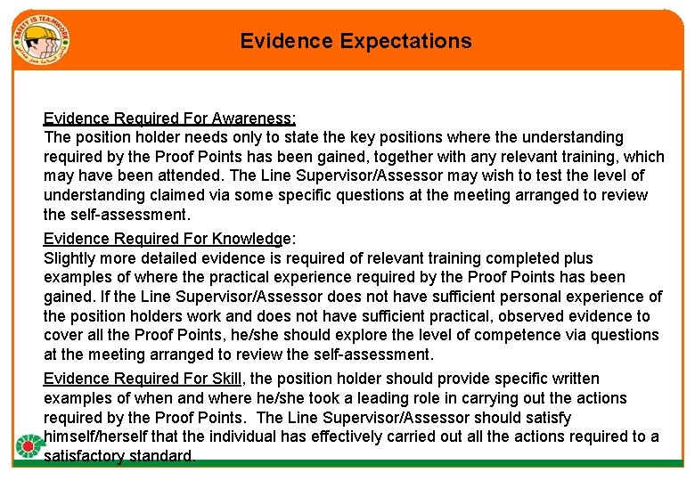 Evidence Expectations Evidence Required For Awareness: The position holder needs only to state the