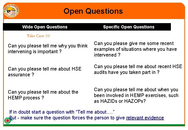 Open Questions Wide Open Questions Take Care !!!! Can you please tell me why