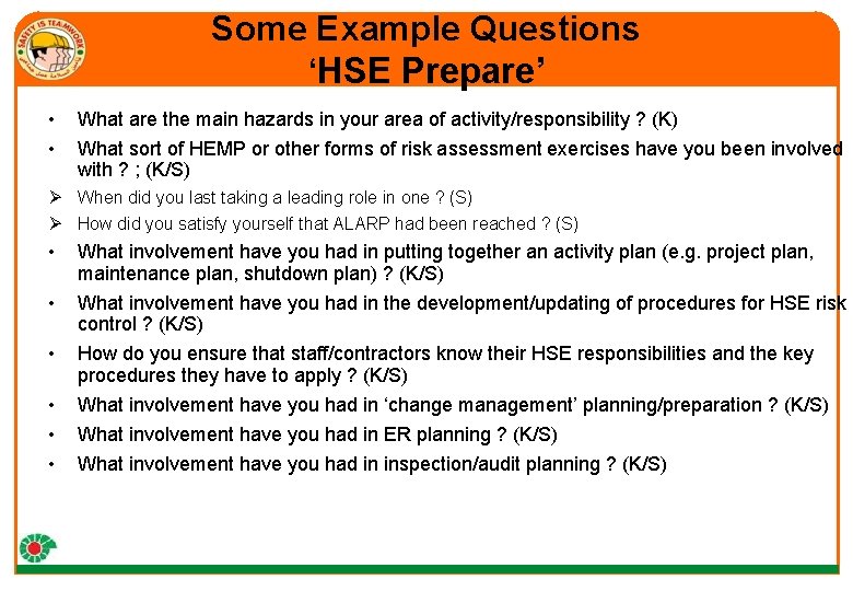 Some Example Questions ‘HSE Prepare’ • • What are the main hazards in your