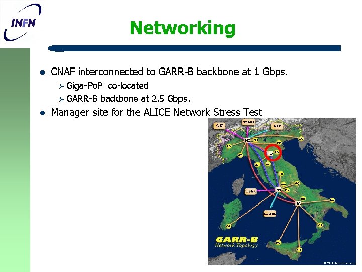 Networking l CNAF interconnected to GARR-B backbone at 1 Gbps. Ø Giga-Po. P co-located