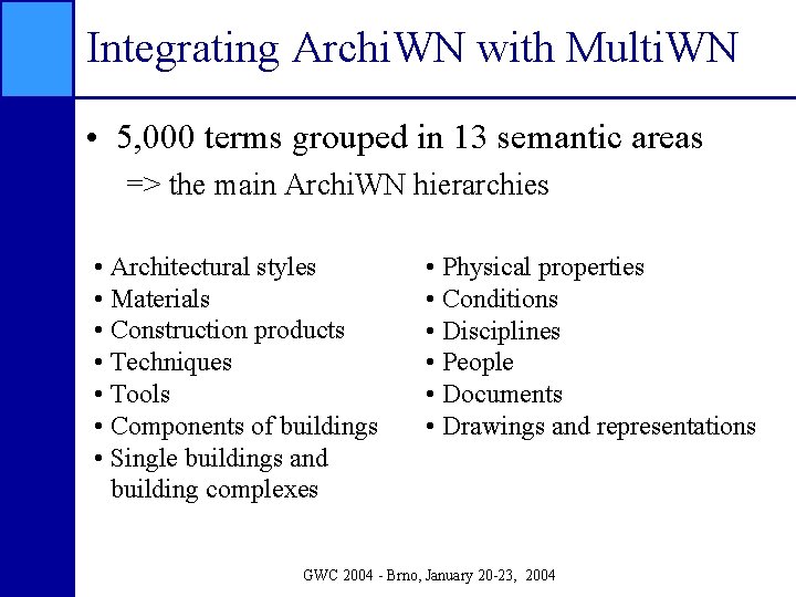 Integrating Archi. WN with Multi. WN • 5, 000 terms grouped in 13 semantic