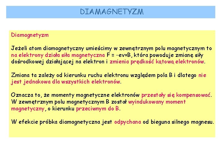 DIAMAGNETYZM Diamagnetyzm Jeżeli atom diamagnetyczny umieścimy w zewnętrznym polu magnetycznym to na elektrony działa DIAMAGNETYZM Diamagnetyzm Jeżeli atom diamagnetyczny umieścimy w zewnętrznym polu magnetycznym to na elektrony działa