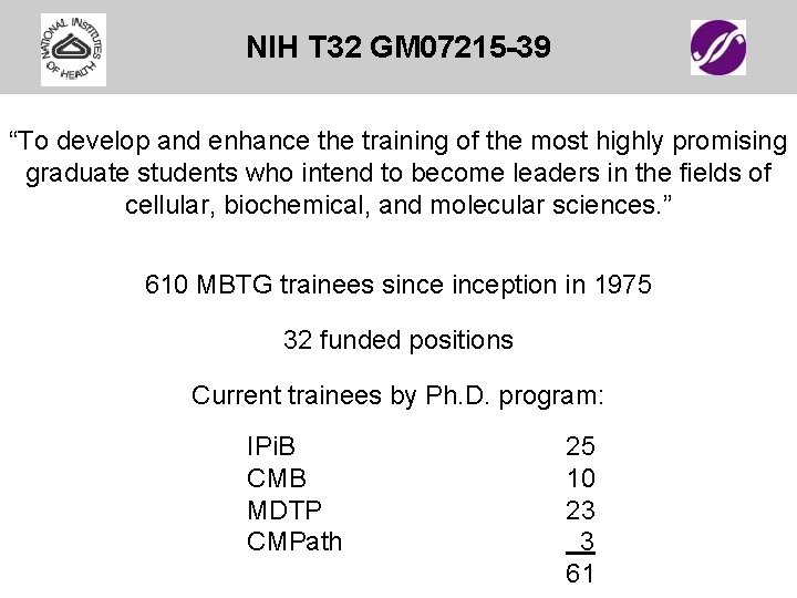 NIH T 32 GM 07215 -39 “To develop and enhance the training of the