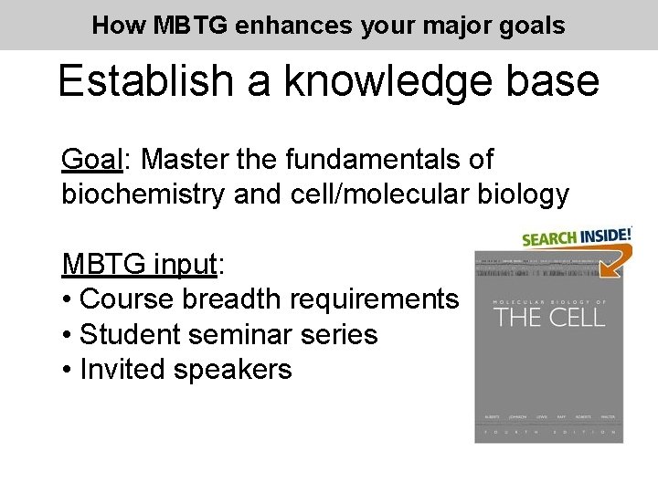 How MBTG enhances your major goals Establish a knowledge base Goal: Master the fundamentals