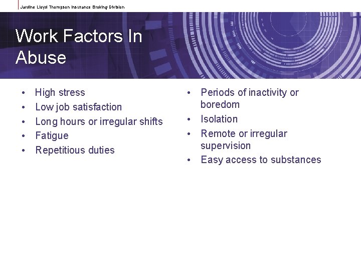 Jardine Lloyd Thompson Insurance Broking Division Work Factors In Abuse • • • High