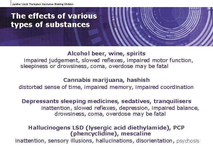 Jardine Lloyd Thompson Insurance Broking Division The effects of various types of substances Alcohol