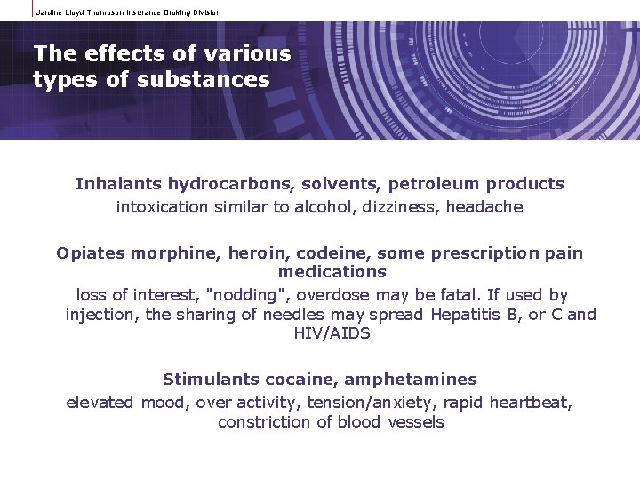 Jardine Lloyd Thompson Insurance Broking Division The effects of various types of substances Inhalants