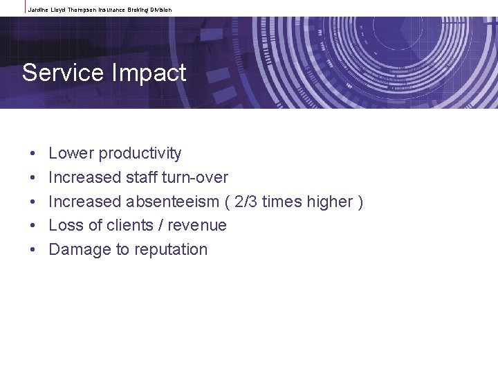 Jardine Lloyd Thompson Insurance Broking Division Service Impact • • • Lower productivity Increased