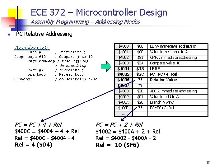 ECE 372 – Microcontroller Design Assembly Programming – Addressing Modes n PC Relative Addressing