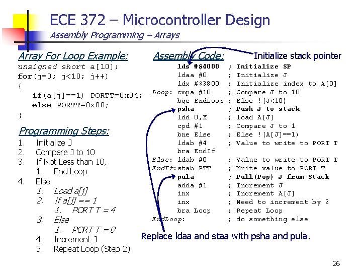 ECE 372 – Microcontroller Design Assembly Programming – Arrays Array For Loop Example: Assembly