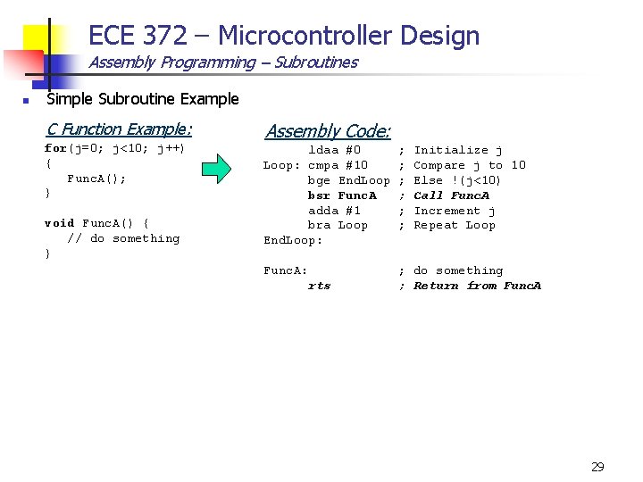 ECE 372 – Microcontroller Design Assembly Programming – Subroutines n Simple Subroutine Example C