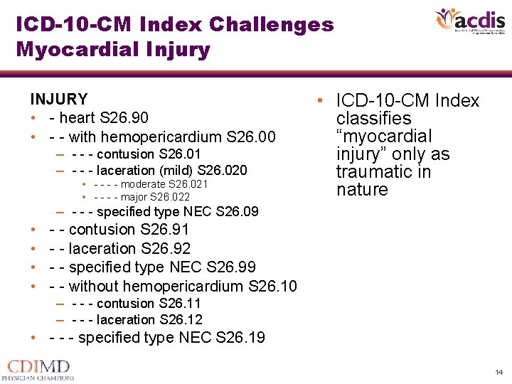 ICD-10 -CM Index Challenges Myocardial Injury INJURY • - heart S 26. 90 • ICD-10 -CM Index Challenges Myocardial Injury INJURY • - heart S 26. 90 •