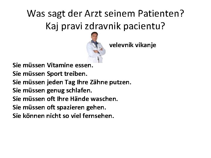 Was sagt der Arzt seinem Patienten? Kaj pravi zdravnik pacientu? velevnik vikanje Sie müssen