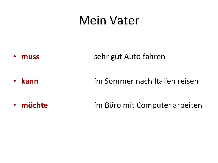 Mein Vater • muss sehr gut Auto fahren • kann im Sommer nach Italien