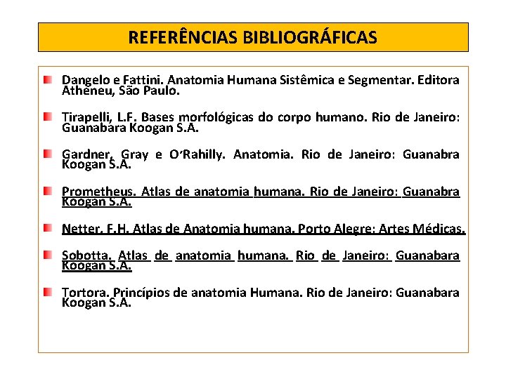 REFERÊNCIAS BIBLIOGRÁFICAS Dangelo e Fattini. Anatomia Humana Sistêmica e Segmentar. Editora Atheneu, São Paulo.