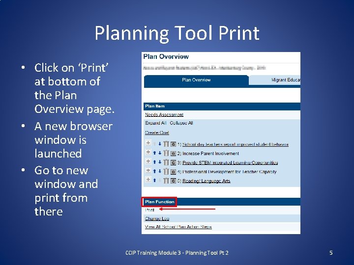 Planning Tool Print • Click on ‘Print’ at bottom of the Plan Overview page.