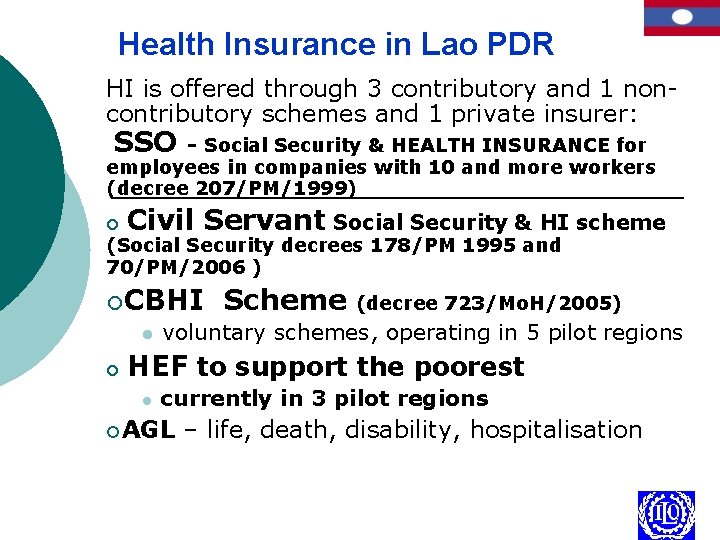 Health Insurance in Lao PDR HI is offered through 3 contributory and 1 noncontributory