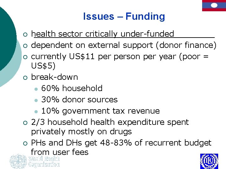 Issues – Funding ¡ ¡ ¡ health sector critically under-funded dependent on external support