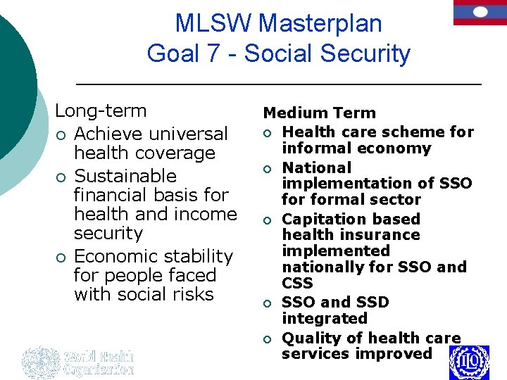 MLSW Masterplan Goal 7 - Social Security Long-term ¡ Achieve universal health coverage ¡