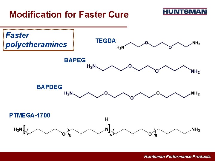 Modification for Faster Cure Faster polyetheramines TEGDA BAPEG BAPDEG PTMEGA-1700 Huntsman Performance Products 