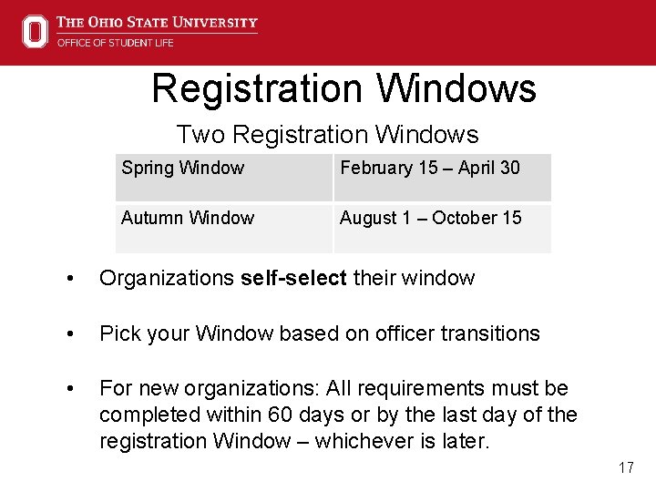 Registration Windows Two Registration Windows Spring Window February 15 – April 30 Autumn Window