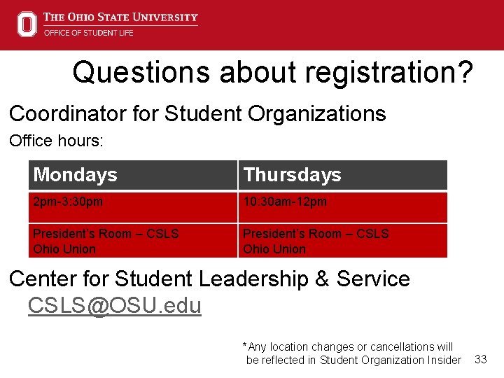 Questions about registration? Coordinator for Student Organizations Office hours: Mondays Thursdays 2 pm-3: 30