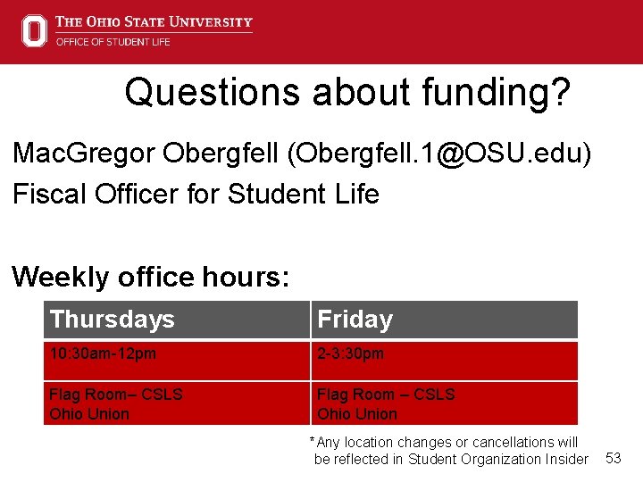 Questions about funding? Mac. Gregor Obergfell (Obergfell. 1@OSU. edu) Fiscal Officer for Student Life