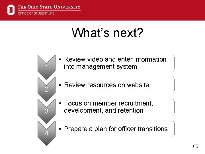 What’s next? 1 2 3 4 • Review video and enter information into management