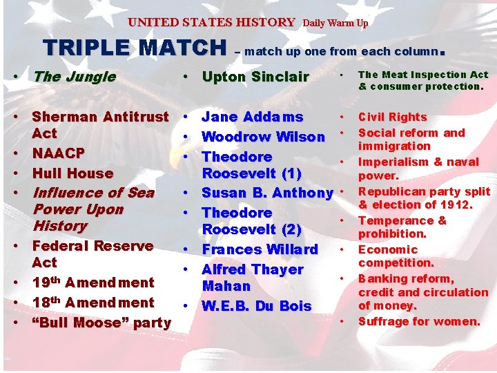 UNITED STATES HISTORY Daily Warm Up TRIPLE MATCH – match up one from each