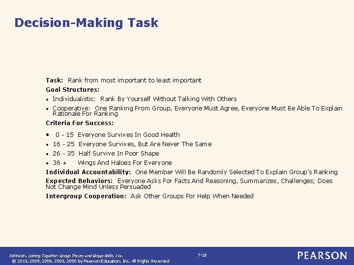 Decision-Making Task: Rank from most important to least important Goal Structures: • Individualistic: Rank Decision-Making Task: Rank from most important to least important Goal Structures: • Individualistic: Rank