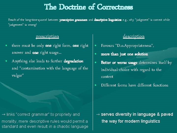 The Doctrine of Correctness Result of the long-time-quarrel between prescriptive grammars and descriptive linguistics: