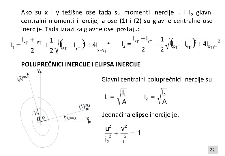 Ako su x i y težišne ose tada su momenti inercije I 1 i