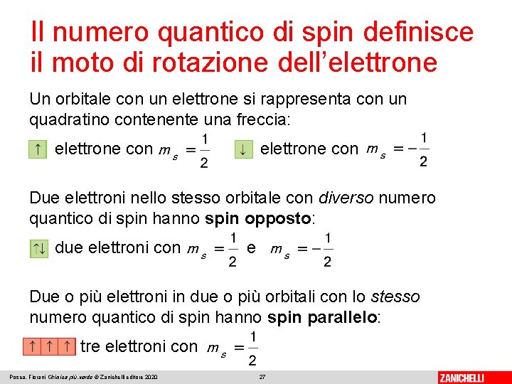 Il numero quantico di spin definisce il moto di rotazione dell’elettrone Un orbitale con