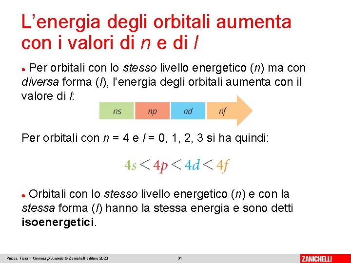 L’energia degli orbitali aumenta con i valori di n e di l Per orbitali