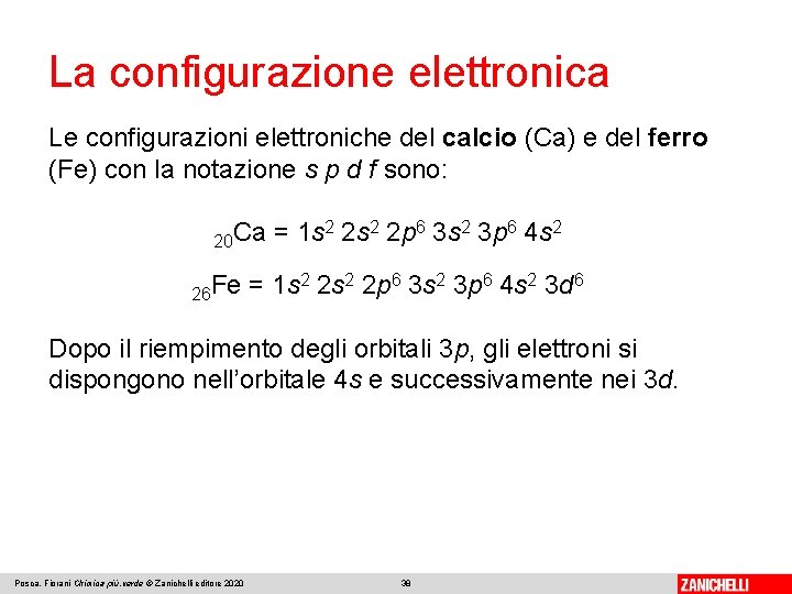 La configurazione elettronica Le configurazioni elettroniche del calcio (Ca) e del ferro (Fe) con