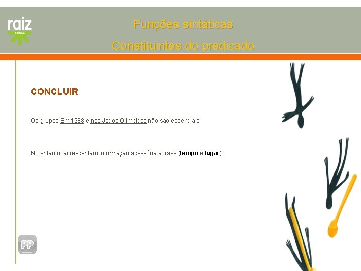 Funções sintáticas Constituintes do predicado CONCLUIR Os grupos Em 1988 e nos Jogos Olímpicos